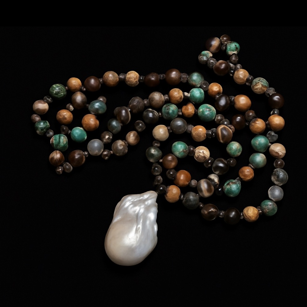 African Turquoise Tibetan Jasper Beaded Lariat Necklace HUGE Baroque AA Pearl